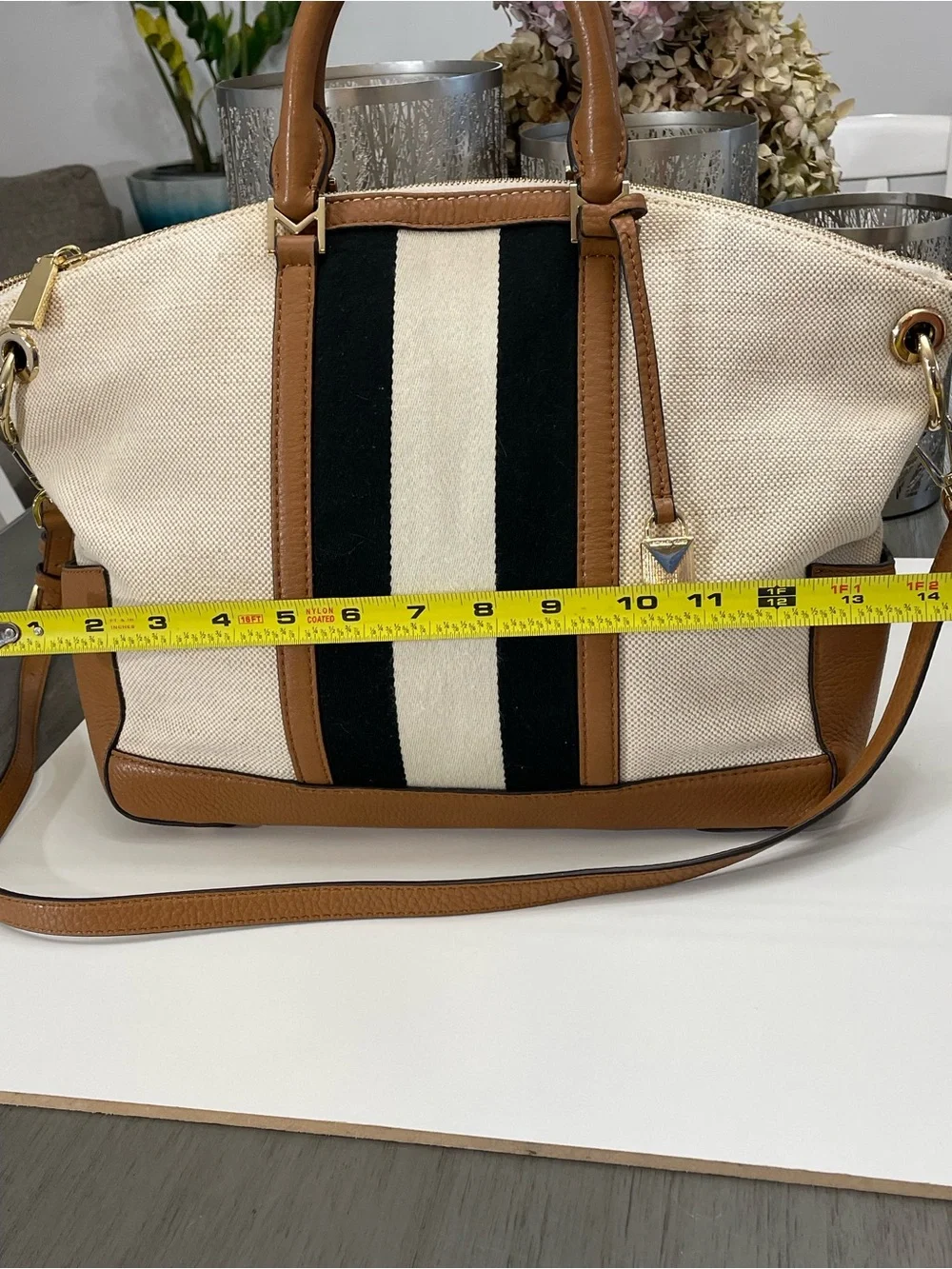 Michael Kors Canvas Leather Satchel Crossbody Bag Stripe Large Beige Brown Tot